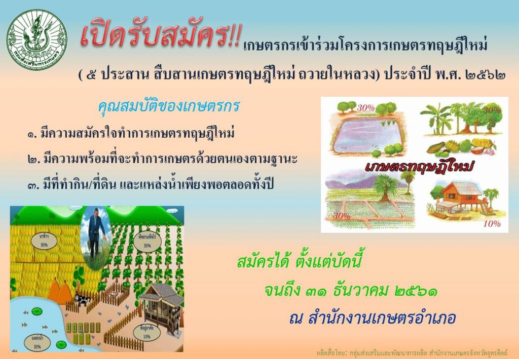 เปิดรับสมัคร!!! เกษตรกรเข้าร่วมโครงการเกษตรทฤษฏีใหม่ ประจำปี พ.ศ. 2562