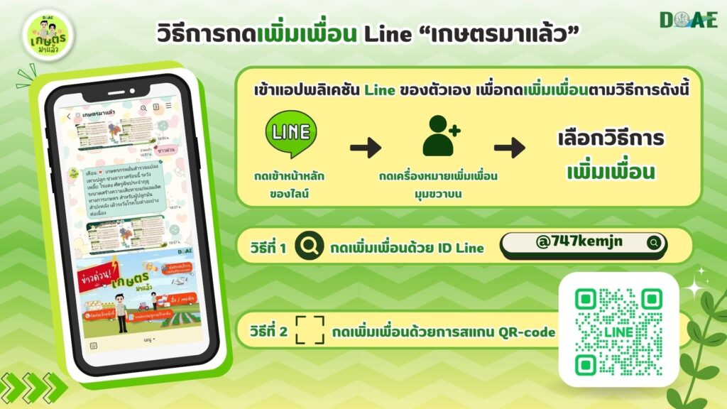 เชิญชวนติดตามและเพิ่มเพื่อน "เกษตรมาแล้ว" ผ่านช่องทาง TikTok และ Line