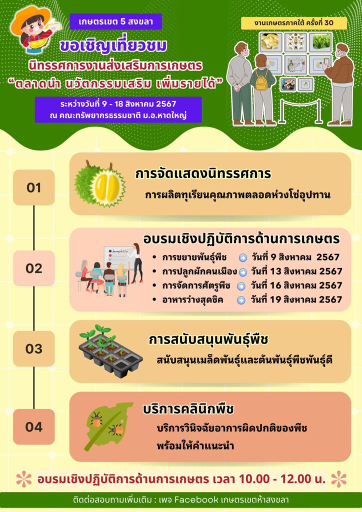 ขอเชิญชวนเที่ยวชมนิทรรศการงานส่งเสริมการเกษตร "ตลาดนำ นวัตกรรมเสริมเพิ่มรายได้" ในงานเกษตรภาคใต้ ครั้งที่ 30