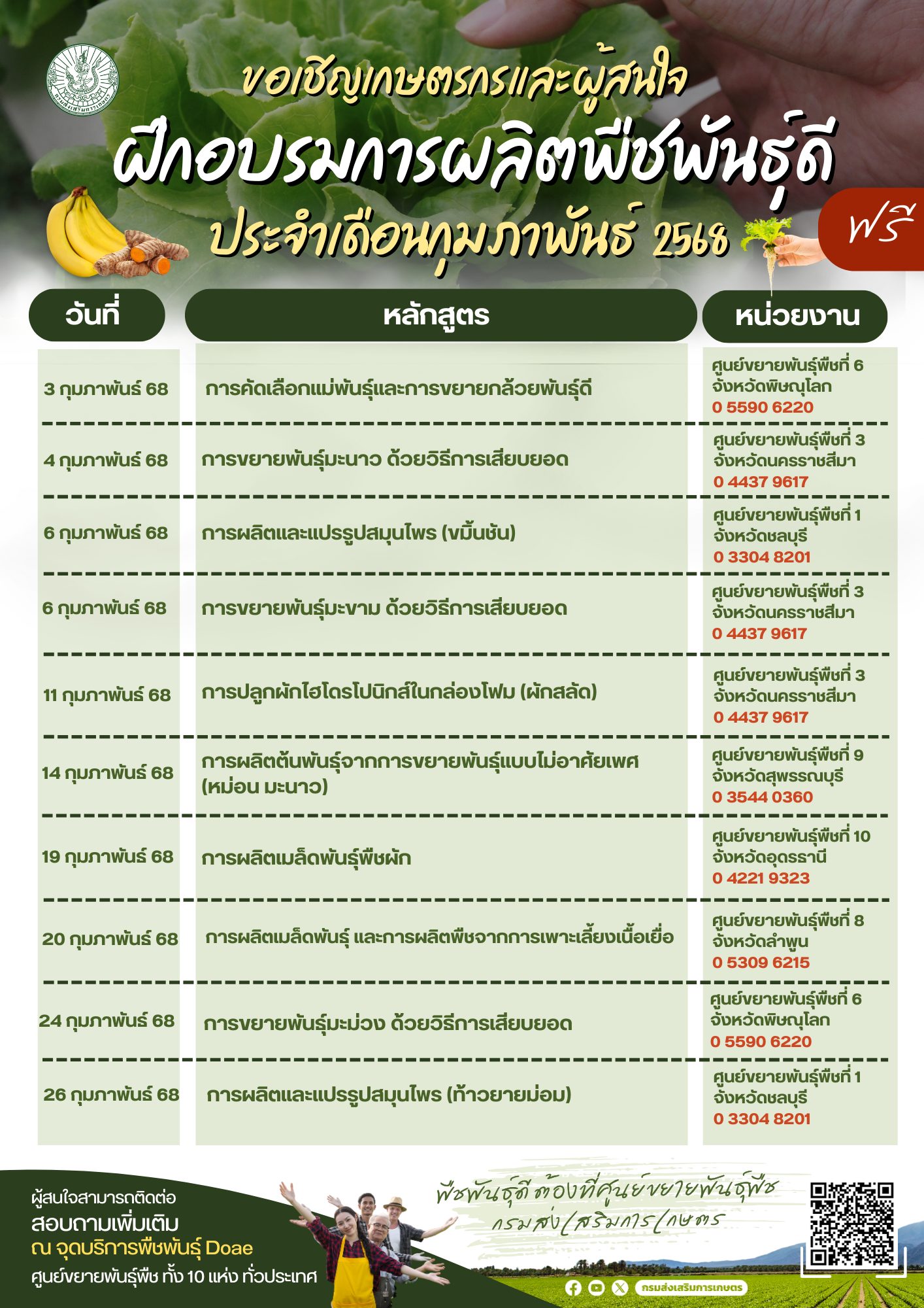 ฝึกอบรมการผลิตพืชพันธุ์ดี ประจำเดือนกุมภาพันธ์ 2568 ฟรี ฝึกอบรมการผลิตพืชพันธุ์ดี ประจำเดือนกุมภาพันธ์ 2568 ฟรี