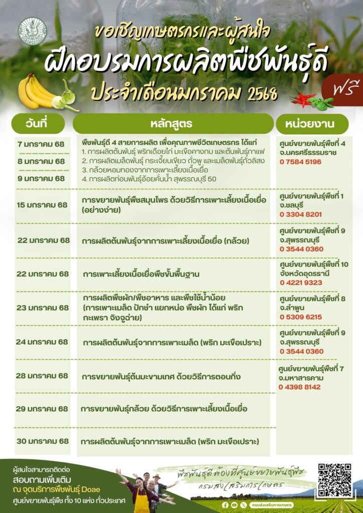 ฝึกอบรมการผลิตพืชพันธุ์ดี ประจำเดือนมกราคม 2568 ฟรี