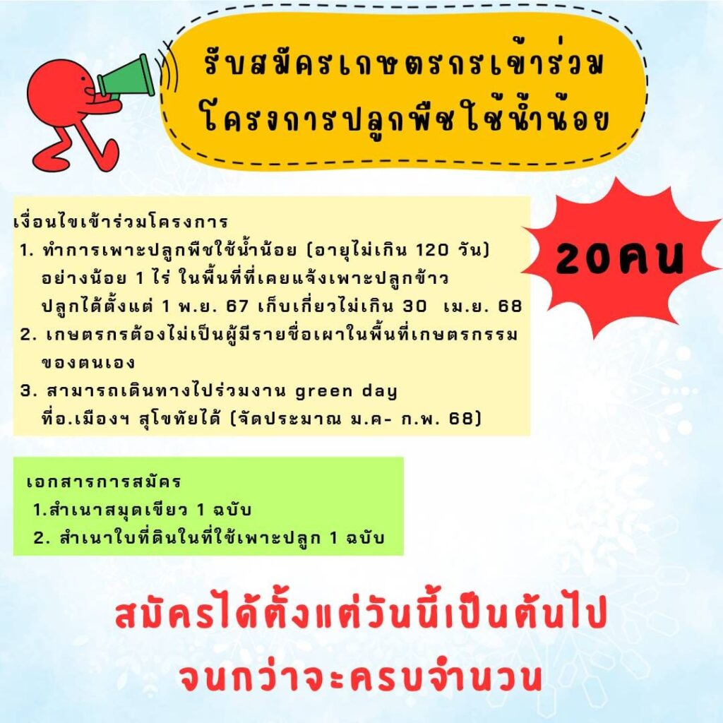 รับสมัครเกษตรกรเข้าร่วม โครงการปลูกพืชใช้น้ำน้อย