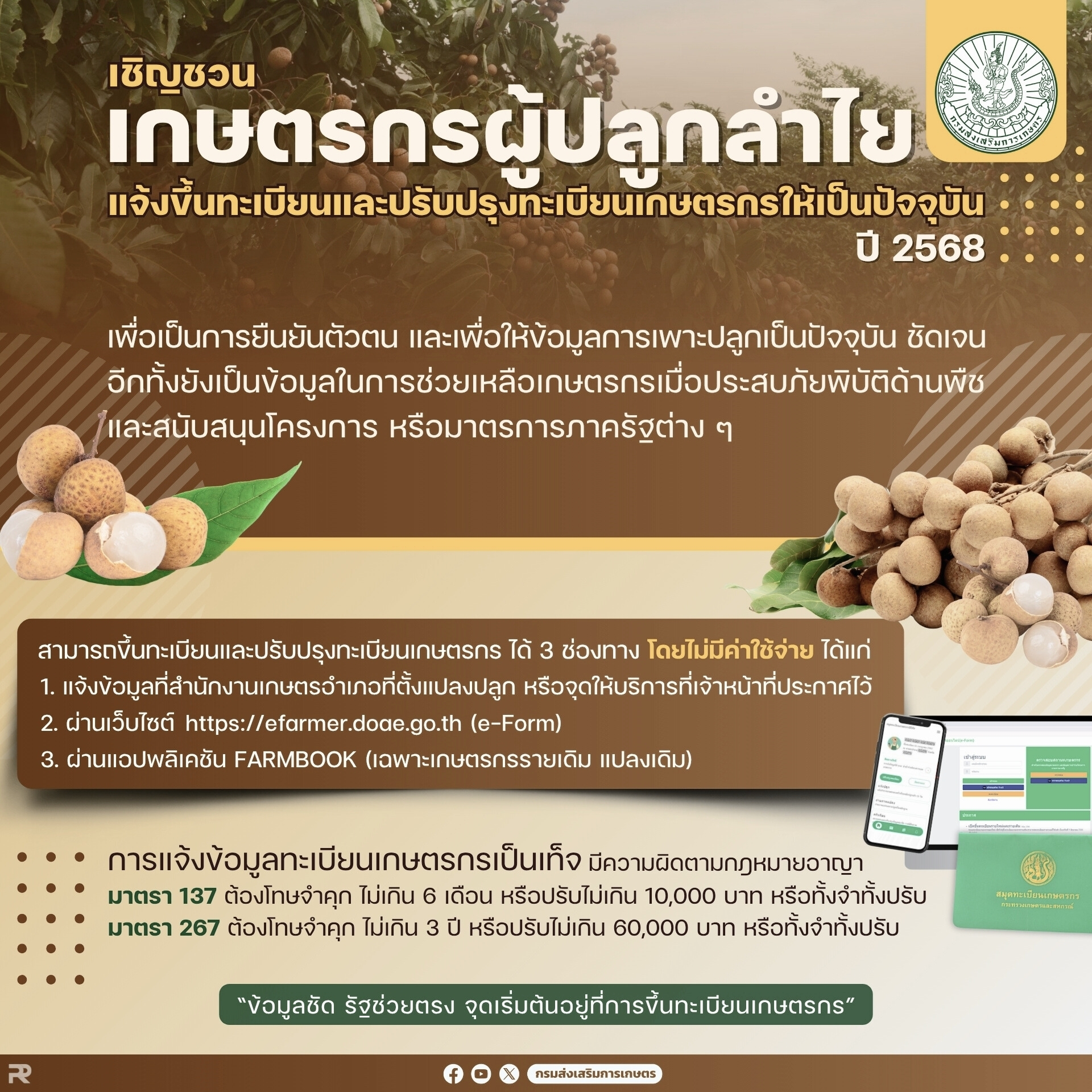 เชิญชวนเกษตรกรผู้ปลูกลำไย แจ้งขึ้นทะเบียนและปรับปรุงทะเบียนเกษตรกรให้เป็นปัจจุบัน เชิญชวนเกษตรกรผู้ปลูกลำไย แจ้งขึ้นทะเบียนและปรับปรุงทะเบียนเกษตรกรให้เป็นปัจจุบัน